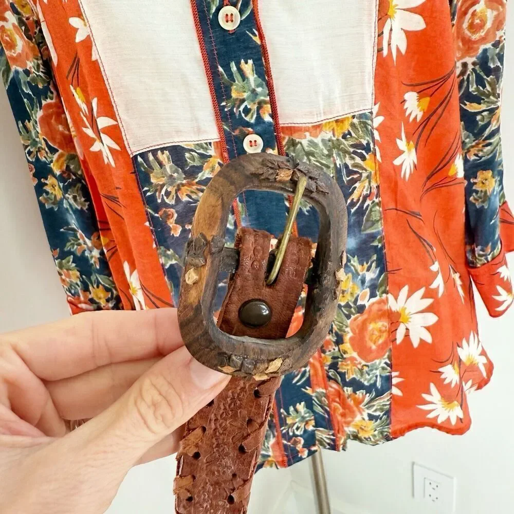 Vintage Hand Made Tooled Brown Western Leather Belt Mexico Wood Buckle 26-30 Sm